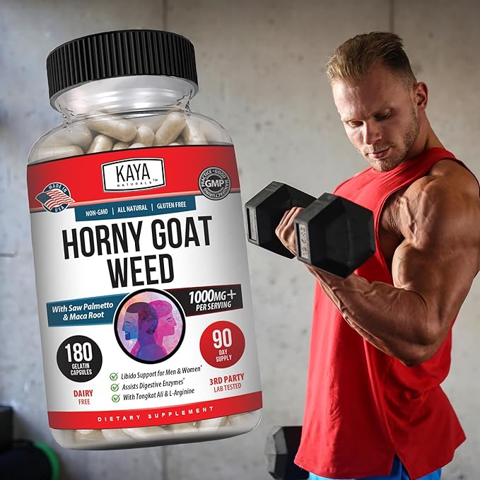 Kaya Naturals Horny Goat Weed Extract - Maca - Extra Strength Complex with Saw Palmetto Ginseng, Arginine Vitamin Supplement - Horny Goat Weed - 180 Count