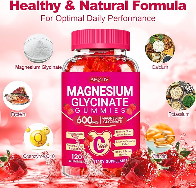 Magnesium Glycinate Gummies 600mg, Chewable Sugar Free Potassium Magnesium Gummies with Magnesium Glycinate, Vitamin D, B6 and CoQ10 for Sleep, Relaxation, Brain and Muscle, 60 Days Supply