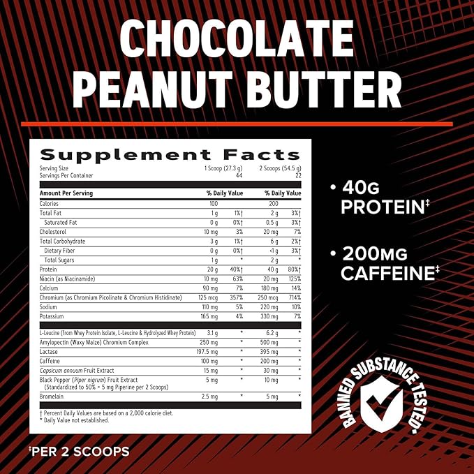 GNC AMP Wheybolic Ripped Protein Powder & Thermogenic Protein Supplement, Muscle Strength & Size, Energy & Endurance, 40g Protein, 6.2g Leucine, 15g EAA, Caffeine, Chocolate Peanut Butter, 22 Servings