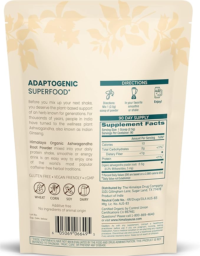 Himalaya Organic Ashwagandha Powder, Adaptogenic Superfood for Protein Shakes & Smoothies, 7.9 oz, 3 Month Supply