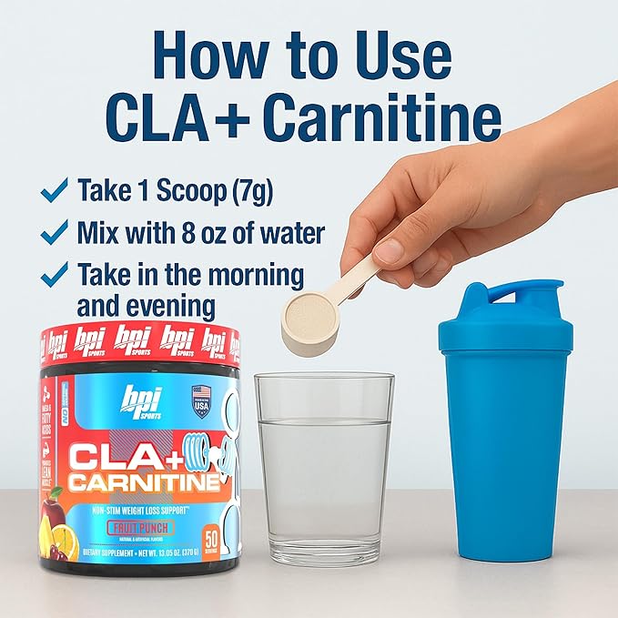 BPI Sports CLA + Carnitine – Conjugated Linoleic Acid – Formula – Performance, Lean Muscle – Caffeine Free – For Men & Women – Fruit Punch – 50 servings – 12.34 oz.