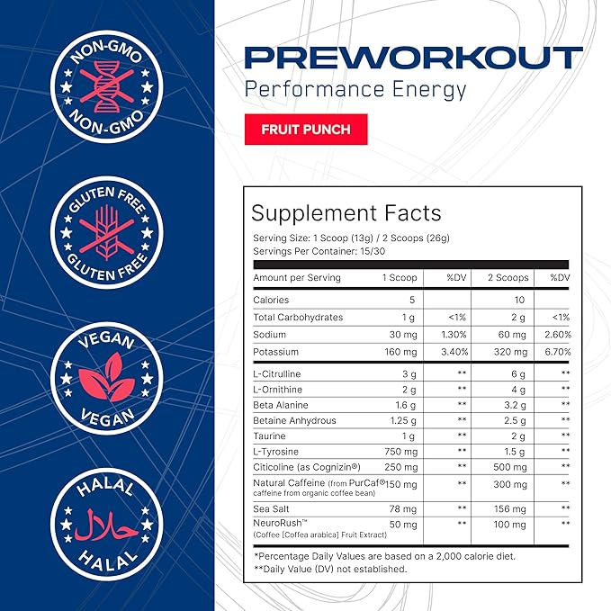 AN Performance Pre-Workout Powder Supplement for Men & Women | Energy Drink Mix with 300mg Caffeine + Beta Alanine + Citrulline | Third-Party Tested | Fruit Punch | 30 Servings