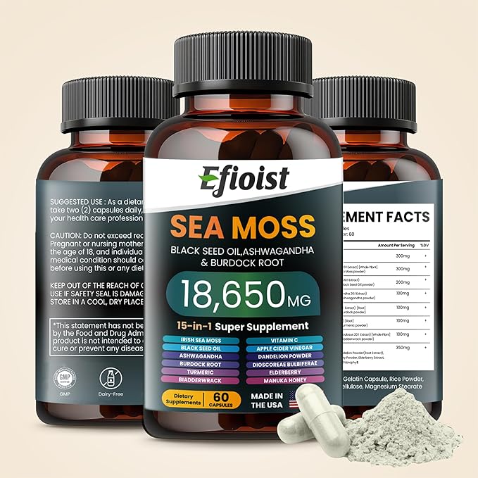Sea Moss Black Seed Oil Ashwagandha Ginger & Burdock Root Turmeric Bladderwrack Chlorophyll ACV Supplement for Immunity, Skin 120 Count