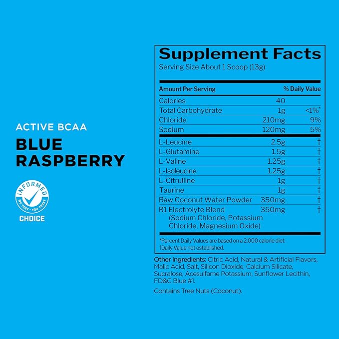 Rule 1 Active BCAA - Performance, Hydration, and Recovery Support with 5g BCAAs + Electrolytes, L-Glutamine, and Citrulline (30 Servings, Blue Raspberry)