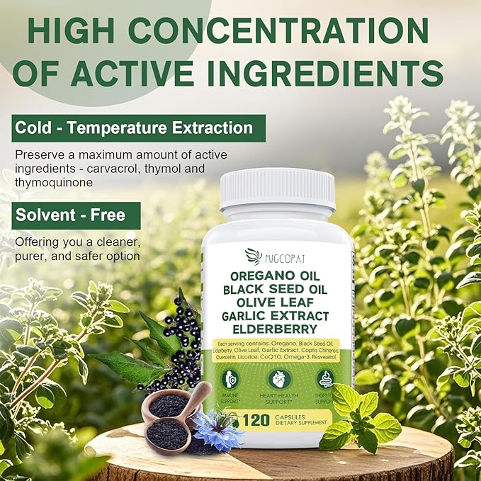 Oil of Oregano with Black Seed Oil Capsules 16 in 1 - Oregano Oil Enhanced with Elderberry, Olive Leaf, Zinc, Vitamin C & D3, Quercetin, Garlic – Immune, Respiratory & Gut Support - 120 Capsules