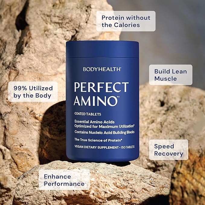 BodyHealth PerfectAmino Easy to Swallow Tablets, Essential Amino Acids Supplement with BCAAs, Vegan Protein for Pre/Post Workout & Muscle Recovery with Lysine, Tryptophan, Leucine (36 Servings)