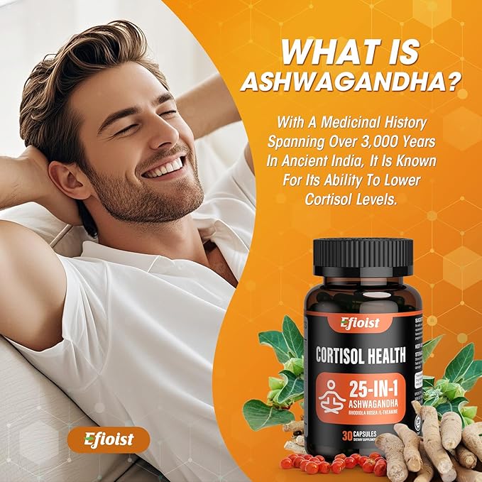 Cortisol Supplement for Women, 25-in-1 Cortisol Reducer for Women & Men, Cortisol Supplements for Men with Ashwagandha, Rhodiola Rosea, L-Theanine, for Mood, Focus, Sleep Support, 30 Capsules