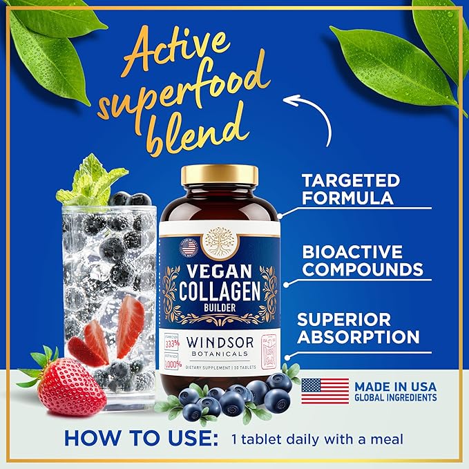 Vegan Collagen for Women and Men Supplements - Vitamin C, Biotin, Amino Acids Glycine, Lysine, Proline, Organic Fruit & Vegetable Powder - Once A Day - 30 Plant Based Collagen Boost Tablets