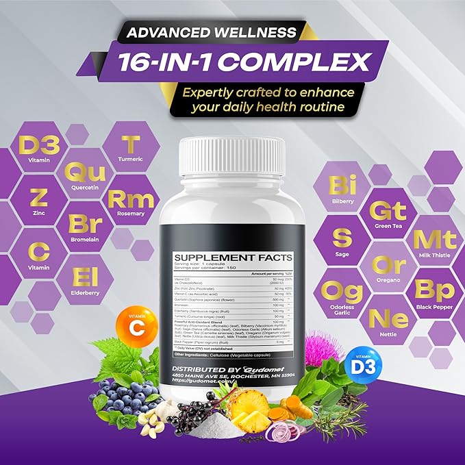 Quercetin Bromelain Zinc Vitamin D3 Elderberry Turmeric Rosemary Bilberry Sage Odorless Garlic Green Tea Milk Thistle Oregano -150 Capsules- Made in USA