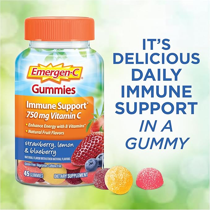 Emergen-C 750mg Vitamin C Gummies for Adults, Immune Support Gummies, Gluten Free, Strawberry, Lemon and Blueberry Flavors - 45 Count