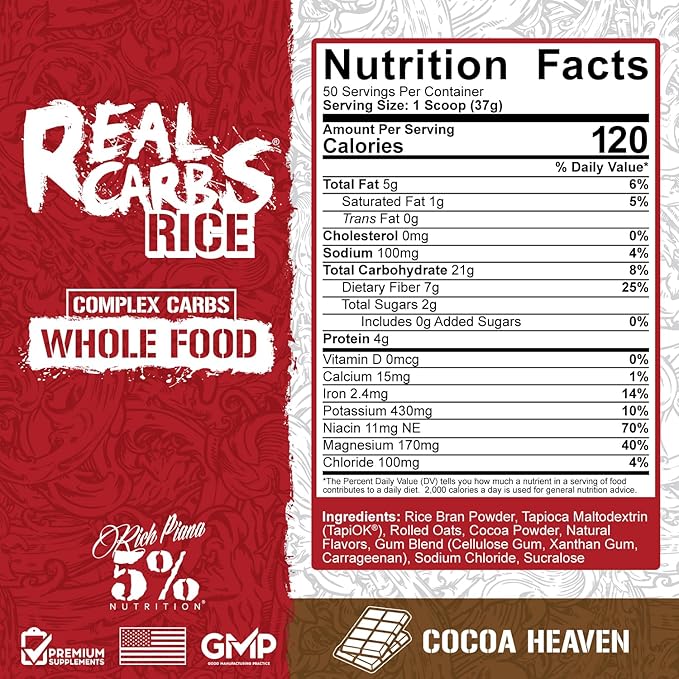 5% Nutrition Rich Piana Real Carbs Rice with Real Food Complex Carbohydrates, Long-Lasting Low Glycemic Energy for Pre-Workout/Post-Workout Recovery Meal, 3.5 lb, 40 Servings (Cocoa Heaven)