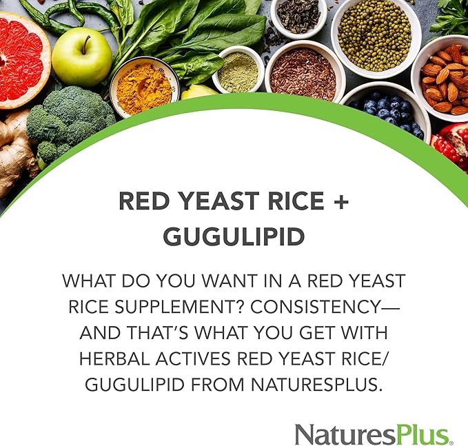 Natures Plus Herbal Actives Red Yeast Rice Gugulipid - 450 mg, 120 Vegan Capsules - Heart Health Supplement, Cholesterol Support - Vegetarian, Gluten-Free - 120 Servings