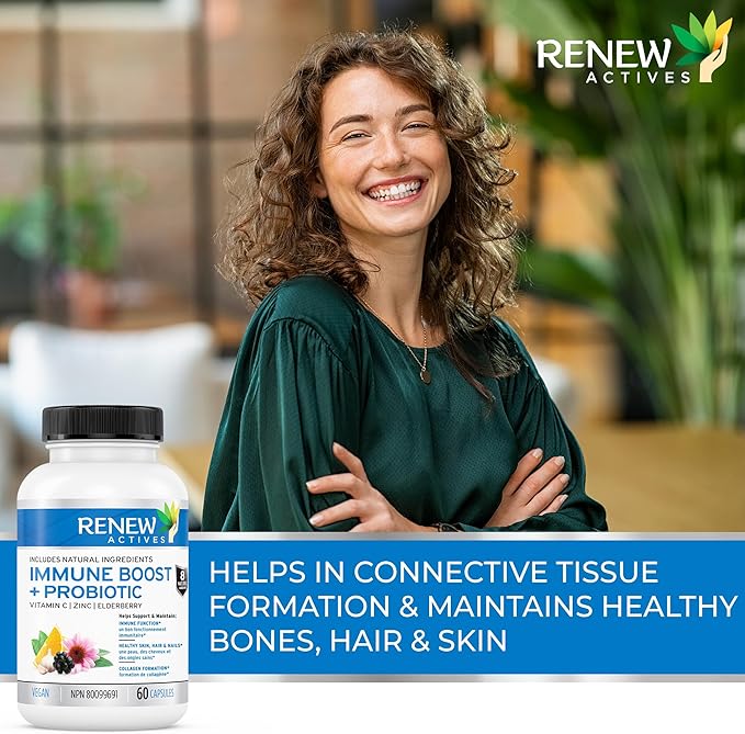 RENEW ACTIVES Antioxidant – Elderberry, Probiotics, Zinc, Vitamin C & Organic Turmeric 700MG per 2 Capsules – For Immune Function, Collagen Formation, & Overall Wellness – Made in Canada - 60 Capsules