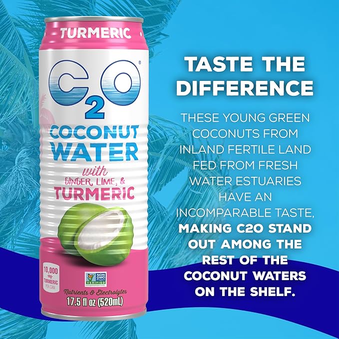 C2O - Coconut Water with Ginger, Lime, & Turmeric (12 Pack) - Made with Fresh Coconut Water - Plant Based - Non GMO - Canned Water - Natural Hydration, Electrolytes, & Potassium - 12 Cans, 17.5 FL OZ