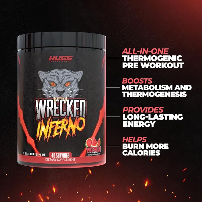 Wrecked Inferno - Thermogenic Pre Workout For Men & Women, Increase Energy, Boost Thermogenesis & Metabolism, Enhance Exercise Performance - Contains L-Citrulline, L-Carnitine, Beta-Alanine & More