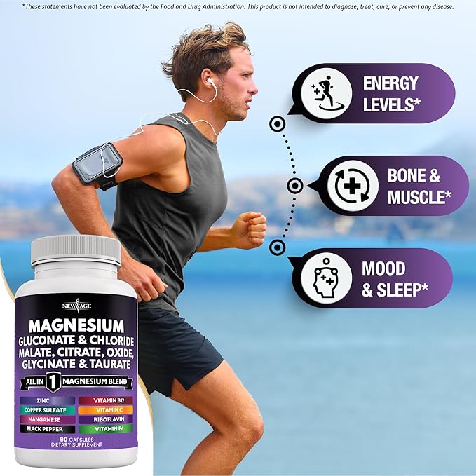 NEW AGE Magnesium Supplement -Powerful Glycinate Citrate Malate Oxide Taurate Aspartate Gluconate Orotate & Mag Chloride Manganese Bone Health and Bone Strength, Joint Support- 180 Count