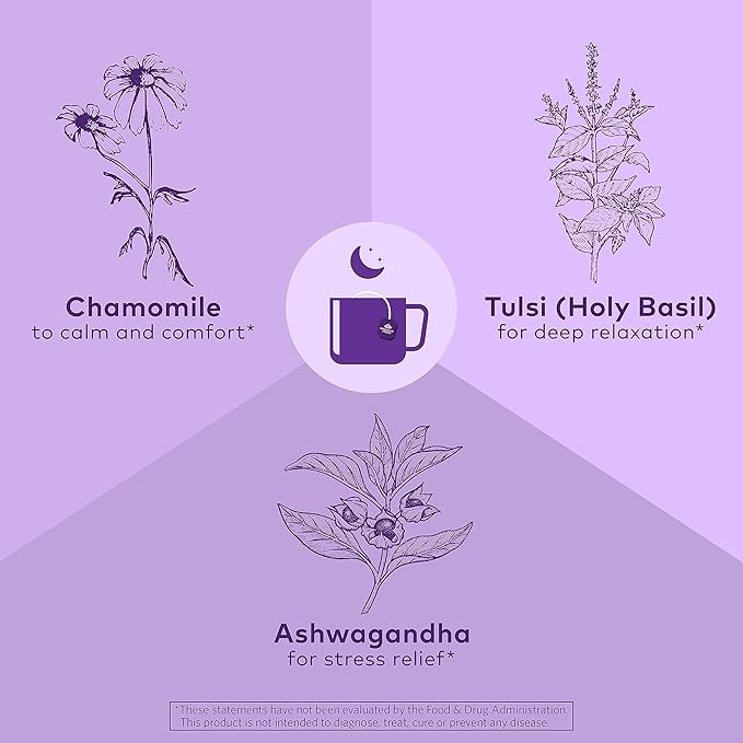ORGANIC INDIA Tulsi Sleep Herbal Tea - Holy Basil, Ashwagandha, Chamomile, Night Time Tea for Bedtime, Stress Relieving & Relaxing, Immune Support, USDA Certified Organic - 18 Infusion Bags, 1 Pack