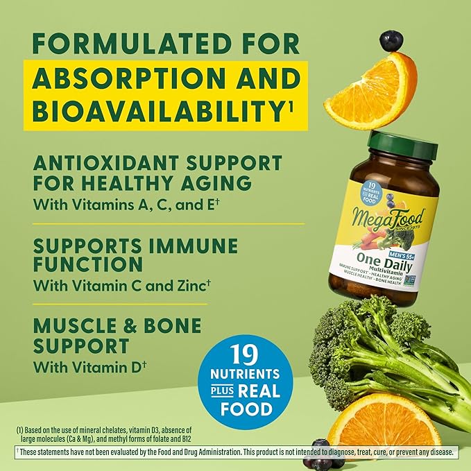 MegaFood Men's 55+ One Daily - Multivitamin for Men with Vitamin B12, C, D & Zinc - Optimal Aging & Immune Support Supplement - Vegetarian - Made Without 9 Food Allergens - 120 Tabs