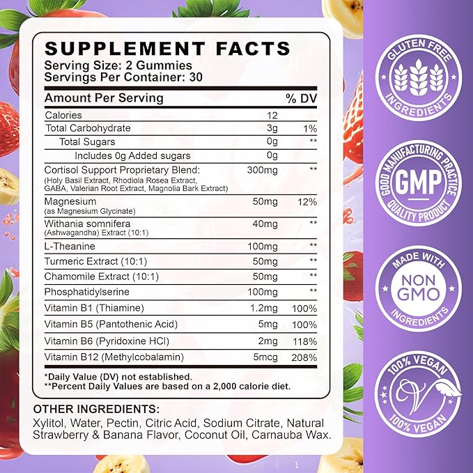 Cortisol Supplements for Women & Men - Cortisol Gummies with Magnesium Glycinate, Ashwagandha, L-Theanine, Vitamin B Complex for Relaxation, Sleep, Calm Mood & Focus - Vegan, Sugar Free Filled Gummies