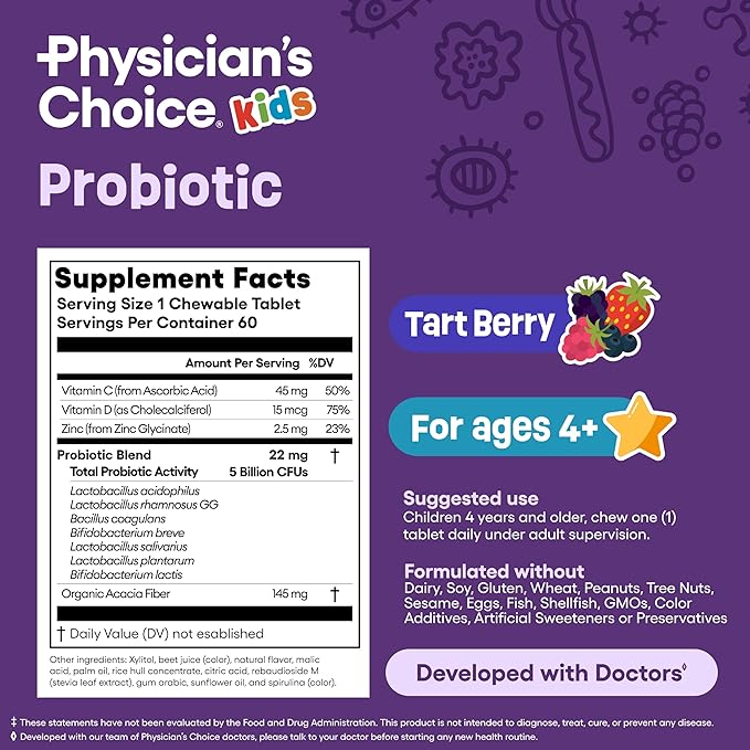 Physician's CHOICE Probiotics for Kids - 7 Diverse Strains, Organic Prebiotics, Vitamins & Minerals - Clinically Studied L. Rhamnosus - Immune & Digestive Support - No Sugar or Artificial Dyes - 60ct