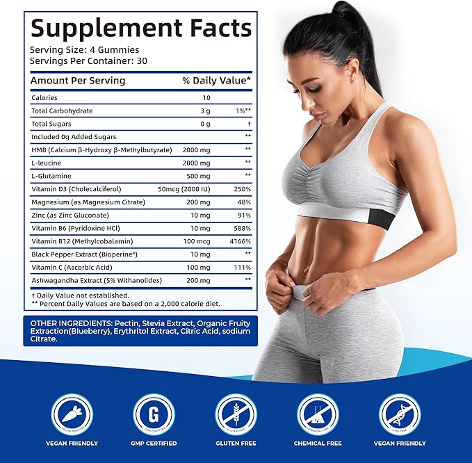HMB and L-Leucine Gummies, HMB and Leucine Supplement Supports Muscle Fast Workout Support, HMB and Leucine Amino Acid for Men & Women, Sugar Free, Non-GMO, 120 Counts