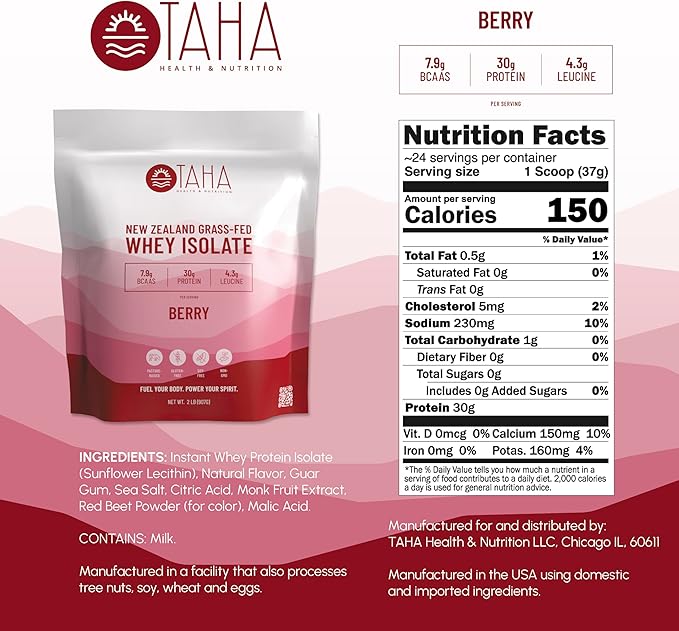 Taha Health & Nutrition Berry Whey Protein Isolate Powder, 30g Protein, 7.9g BCAAs, 4.3g Leucine | New Zealand Free-Range, Grass-Fed Dairy | Gluten-Free, Keto, Kosher | 2LB,24 Servings