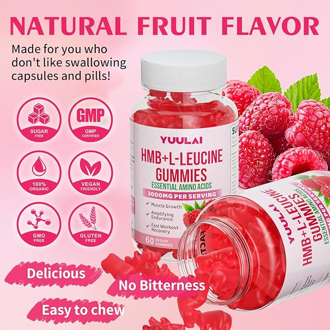 HMB and L-Leucine Gummies, 3000mg HMB and Leucine Amino Acid for Men Women, for Muscle Growth, Muscle Relief, and Fast Workout Recovery, Vegan, Raspberry Flavor, 60 Count