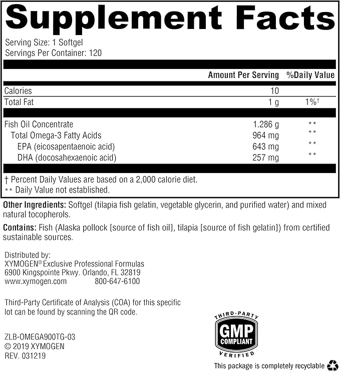XYMOGEN OmegaPure 900-TG - International Fish Oil Standards (IFOS) Five-Star Certified Fish Oil - DHA EPA Omega-3 Supplement in Triglyceride Form for Cardiovascular + Cognitive Support (120 Softgels)
