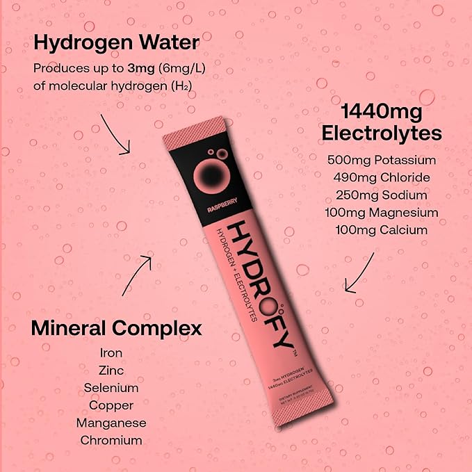 Hydrofy Hydrogen Water + Electrolytes Drink Mix | Superior Hydration Packets with Molecular Hydrogen (H2), Sodium, Potassium, Magnesium, Calcium, and Minerals | No Sugar | Raspberry 25 Ct
