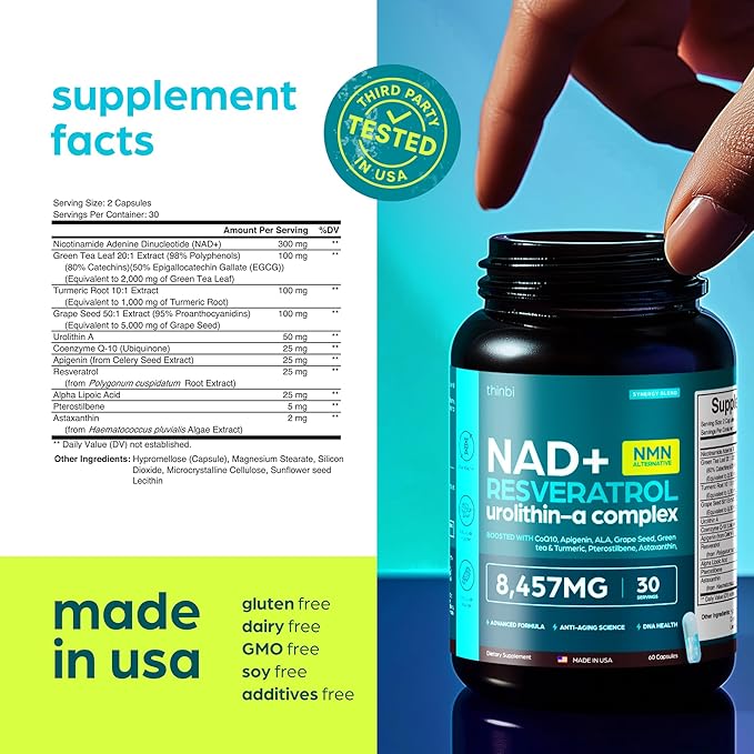 NAD Supplement 8,457 mg Extra Strength NMN Alternative Liposomal, Green Tea + Astaxanthin for Women & Men, Resveratrol, CoQ10, Alpha Lipoic Acid – Energy Anti-Aging,Cell Regeneration –30-Day