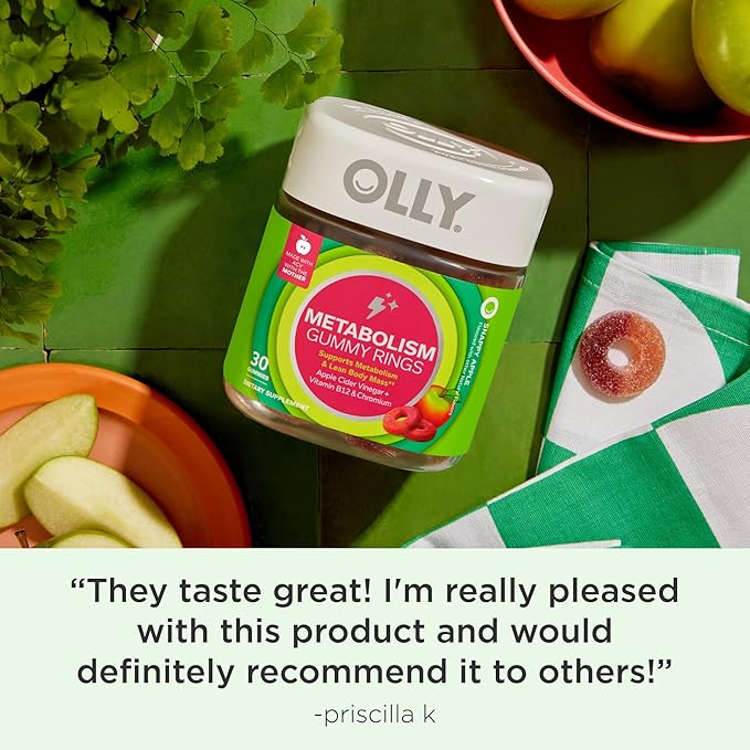 OLLY Metabolism Gummy Rings, Apple Cider Vinegar, Vitamin B12, Chromium, Energy and Digestive Health, Chewable Supplement, Apple Flavor, Twin Pack - 60 Count