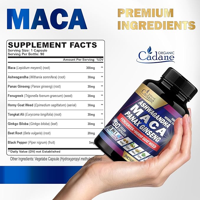 Organic Cadane Maca Root, Ashwagandha, Panax Ginseng Supplement - 90 Capsules 3 Months with Fenugreek, Tongkat Ali & More - Support for Strength, Stamina, Energy Production & Immunity