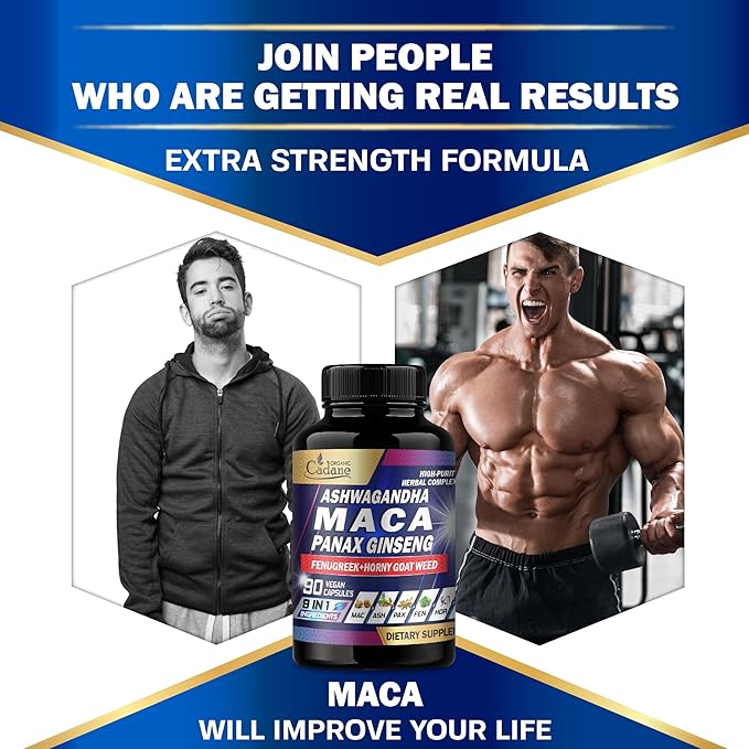 Organic Cadane Maca Root, Ashwagandha, Panax Ginseng Supplement - 90 Capsules 3 Months with Fenugreek, Tongkat Ali & More - Support for Strength, Stamina, Energy Production & Immunity