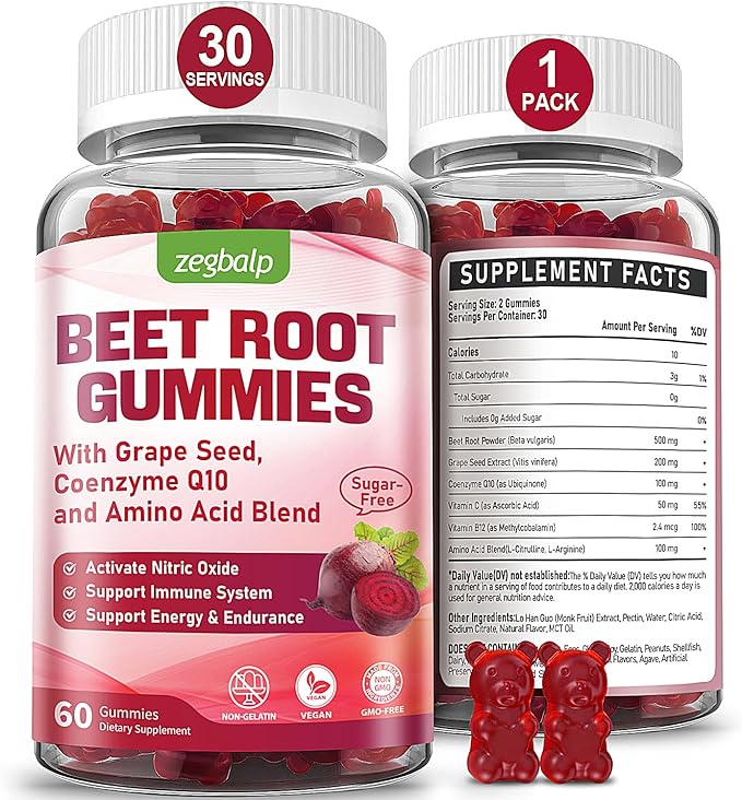 Beet Root Supplements Gummies for Adults - 500 mg Superbeet with CoQ10, Grape Seed & Vitamin C for Men & Women - Sugar Free Beetroot Gummies for Antioxidant, Energy Support