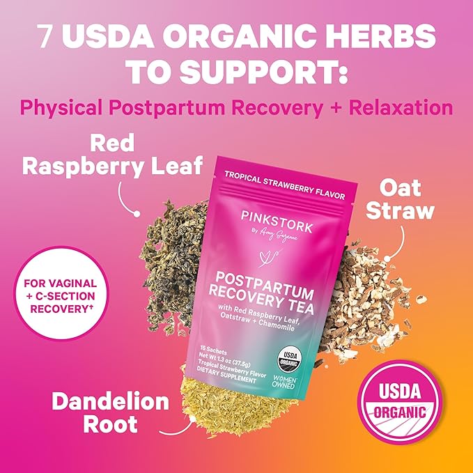 Pink Stork Postpartum Essentials for Hormone Balance, Recovery, and Mood Support for Women - Postnatal Vitamins with Ashwagandha, Raspberry Leaf Tea, and Chamomile Tea - Gifts for New Mom - Set of 3