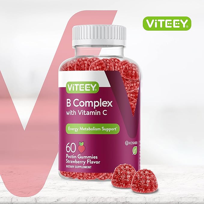 Viteey Vitamin B Complex for Adults with Vitamin C, B6, B12, Niacinamide, Folic Acid, Biotin, Calcium - Supports Energy & Metabolism - Vegan, Gluten Free, Gelatin Free - Chewable Strawberry Flavored