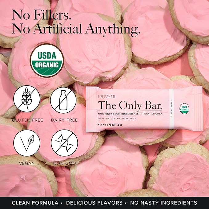 Truvani Plant Based Snack Bars | Sugar Cookie 1 Pack | 6g Protein | USDA Organic and Vegan | The Only Bar | Dairy, Soy, and Gluten Free | Individually Wrapped