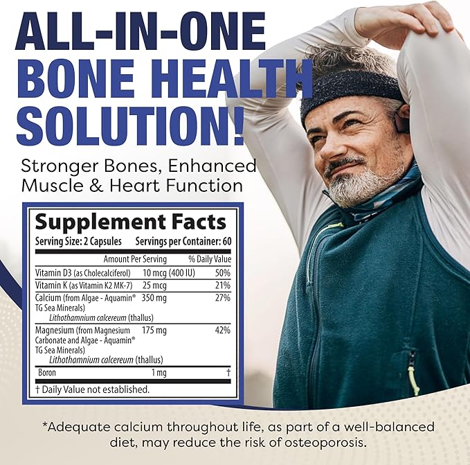Plant-Based Calcium Magnesium Supplement with Boron, Vitamin D3 & K2 MK-7 - Optimal Calcium-Magnesium Ratio for Bone Strength and Health, Vegan, Non-GMO, Allergen-Free, 120 Capsules