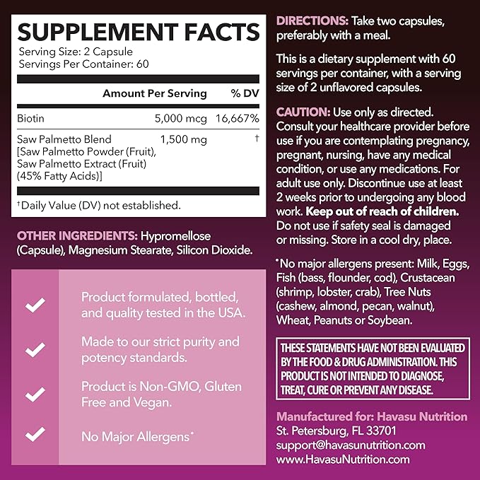 Saw Palmetto for Women with Biotin 5000mcg - Powerful DHT Blocker to Support Hair, Skin, and Nail Health - 120 Count - Vegan, Non-GMO Vitamin for Stronger, Fuller Looking Locks - 2 Month Supply