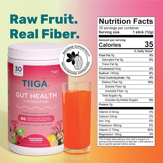 Tiiga 2-in-1 Gut Health + Hydration Drink Mix – Natural Debloat Formula with 75%+ Baobab & Coconut Water. High in Antioxidants, Prebiotics, Zero Added Sugar, Supports Digestion, Energy & Helps Debloat