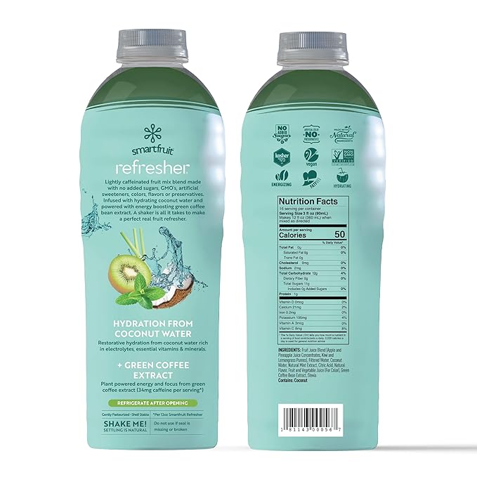 Restore Refresher - Kiwi, Lemongrass, Mint - Made with Real Fruit and No Added Sugar – Low Cal, Hydrating Coconut Water, and Natural Energy (48oz Bottle)