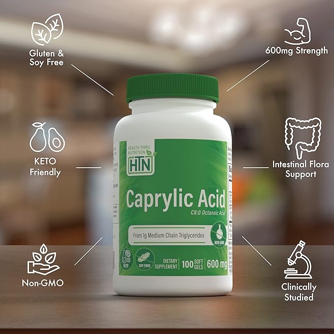 Health Thru Nutrition Caprylic Acid 600mg 100 Softgels | C8 Octanoic Acid from Pure 1g MCT Oil | Non-GMO & Soy Free | Support Healthy Digestive and Intestinal Health | Keto Friendly