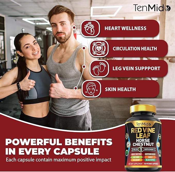 Red Vine Leaf Extract Supplement - 7in1 Formula - Combine with Horse Chestnut, Beet Root, Acai Berry, Hawthorn Berry, Garlic, and Black Pepper - 150 Capsules for 75 Days Supply