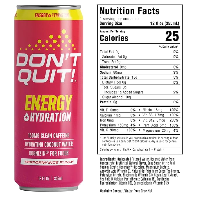 DON’T QUIT Clean Sports Energy Drink - 150 Milligrams of Natural Caffeine with Coconut Water and Electrolytes for Hydration and Cognizin® for Attention and Focus - (Performance Punch, 12 Pack)