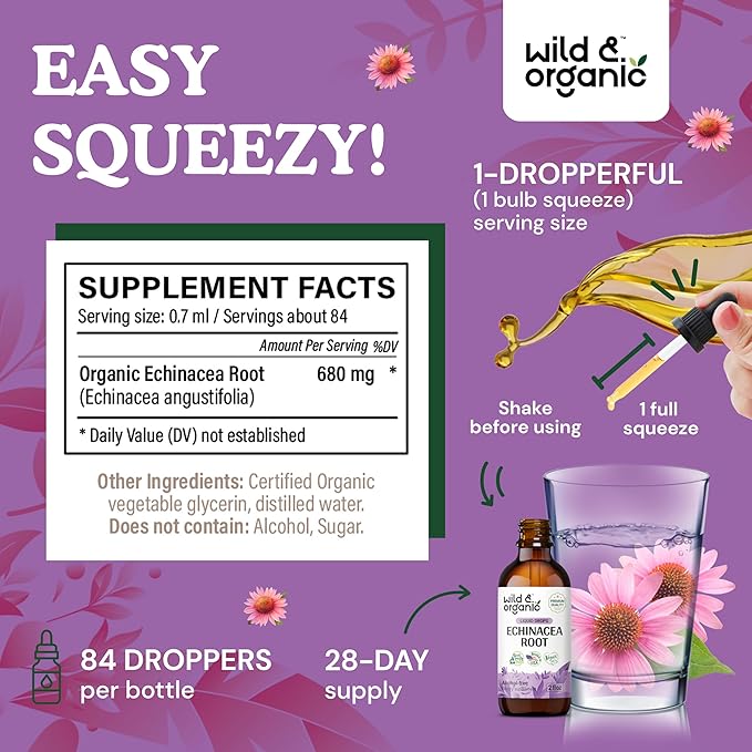 Wild & Organic Echinacea Tincture - Immune Support Drops with Liquid Echinacea Root Extract - Angustifolia Supplements - Vegan, Sugar & Alcohol-Free - 2 fl oz