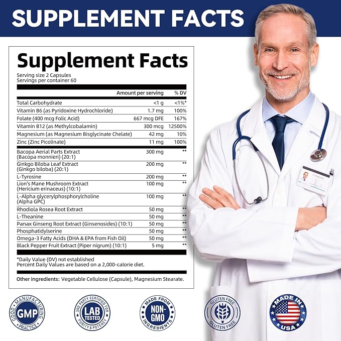 2-Pack Brain Supplements for Memory & Focus | Nootropic with Bacopa, Lion's Mane, Alpha GPC | Mental Clarity & Cognitive Support | Vitamin B6 & B12 – 240 Caps (120/Bottle)