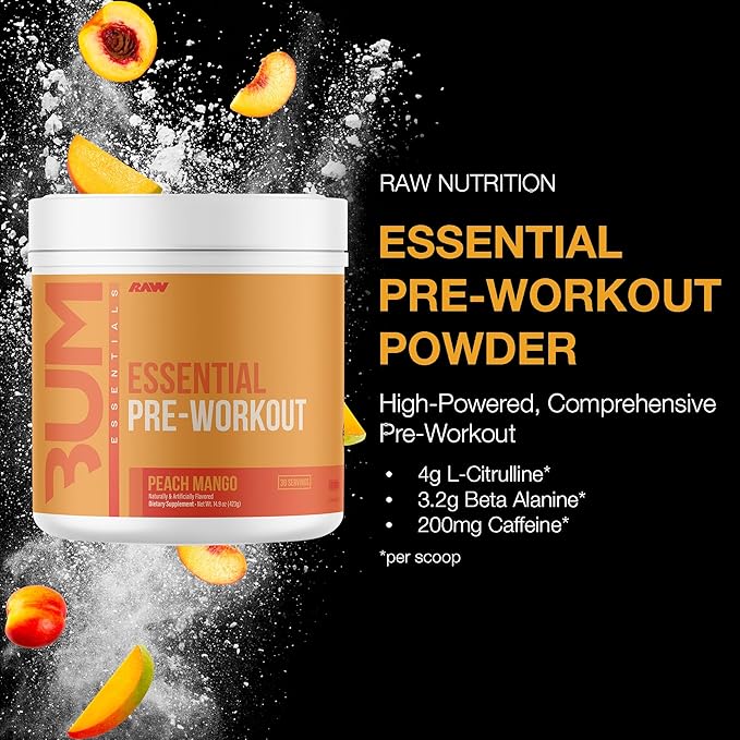 RAW Nutrition - Essential Pre - Chris Bumstead Pre Workout Formula, Sports Nutrition Pre-Workout Powders | Men & Womens Drink, Energy Powder for Working Out (Peach Mango)