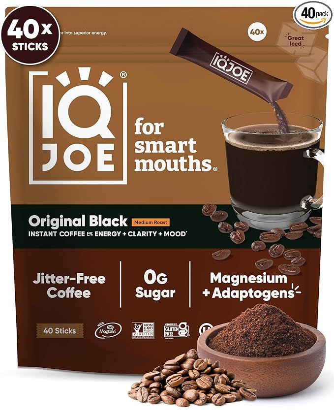 IQJOE Mushroom Coffee Packets (40 Servings) Lion’s Mane, Magtein Magnesium, Antioxidants, Adaptogens - Original Black - Instant Coffee for Focus, Clarity, Mood, Energy Boost - Sugar Free, Keto, Vegan