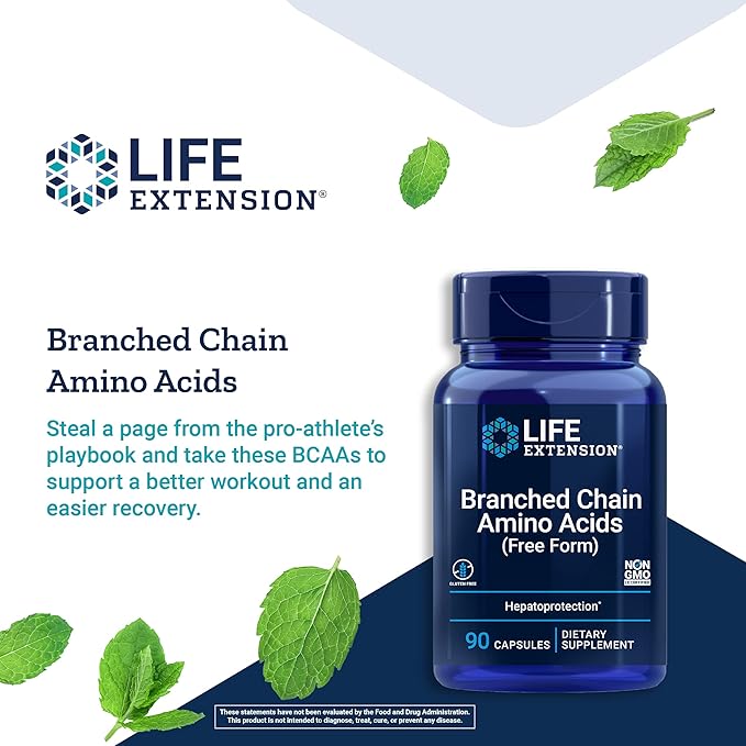 Life Extension Branched Chain Amino Acids (BCAAs), leucine, isoleucine, valine, Promotes Muscle Recovery After Exercise, Gluten-Free, Non-GMO, 90 Capsules