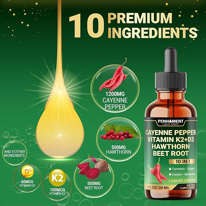 10in1 Cayenne Pepper Liquid Drops with Hawthorn Berry, Vitamin D3, Vitamin K2, Beet Root, Turmeric, Ginger and More - Digestion Support - 1 Fl Oz - 2 Months Supply